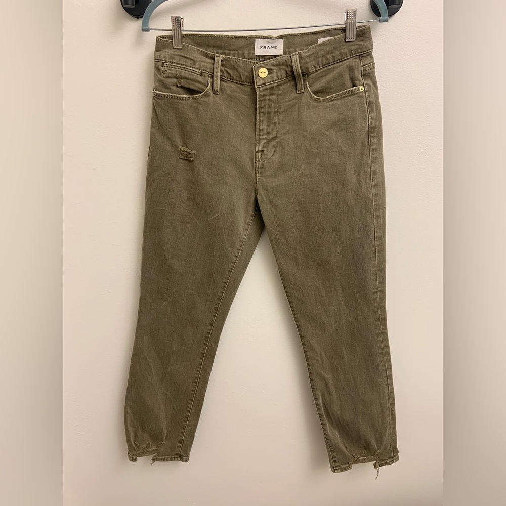 FRAME Le High Straight Jeans Distressed Washed Moss Green Stretch Denim Size 28